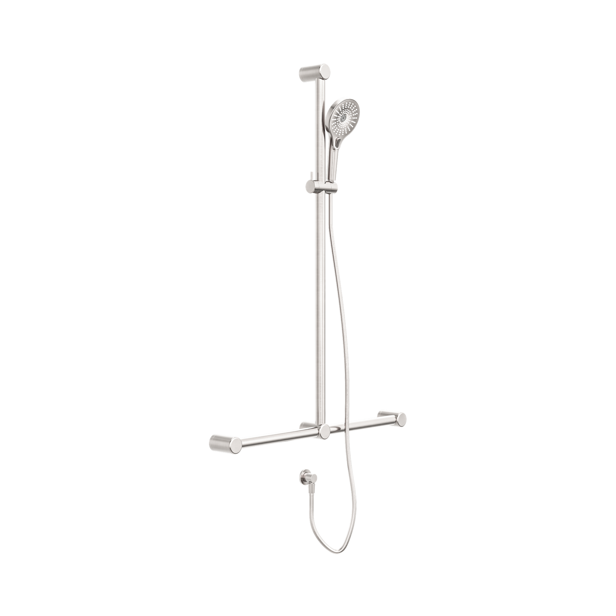 NRCS006 BN Mecca Care 32mm T Bar Grab Rail And Adjustable Shower Set 1100 X750mm Brushed Nickel image 1