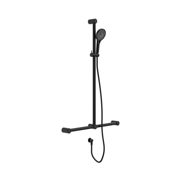 NRCS006 MB Mecca Care 32mm T Bar Grab Rail And Adjustable Shower Set 1100 X750mm Matte Black Thumb