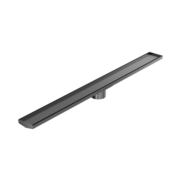 NRFG005 HSGM Tile Insert V Channel 1200mm Floor Grate 89mm Outlet With Hole Saw Gun Metal Thumb