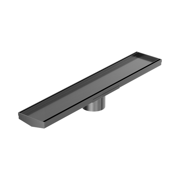 NRFG008 HSGM Tile Insert V Channel 600mm Floor Grate 80mm Outlet With Hole Saw Gun Metal Thumb