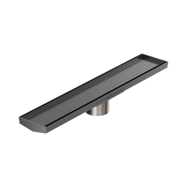 NRFG008 HSGM Tile Insert V Channel 600mm Floor Grate 80mm Outlet With Hole Saw Gun Metal Thumb