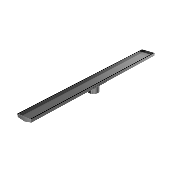 NRFG009 HSGM Tile Insert V Channel 1200mm Floor Grate 80mm Outlet With Hole Saw Gun Metal Thumb