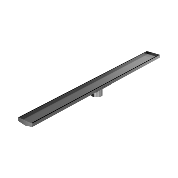 NRFG009 HSGM Tile Insert V Channel 1200mm Floor Grate 80mm Outlet With Hole Saw Gun Metal Thumb