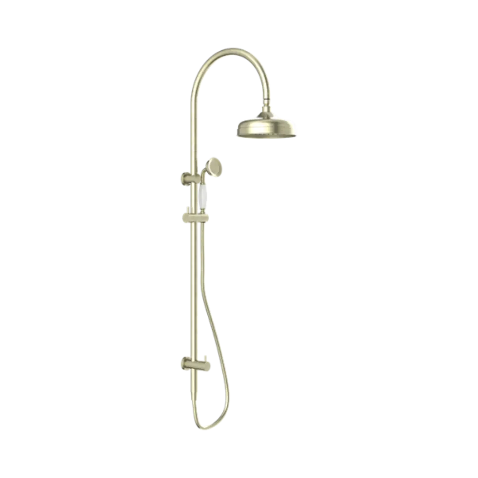 York Twin Shower With White Porcelain Hand Shower Aged Brass