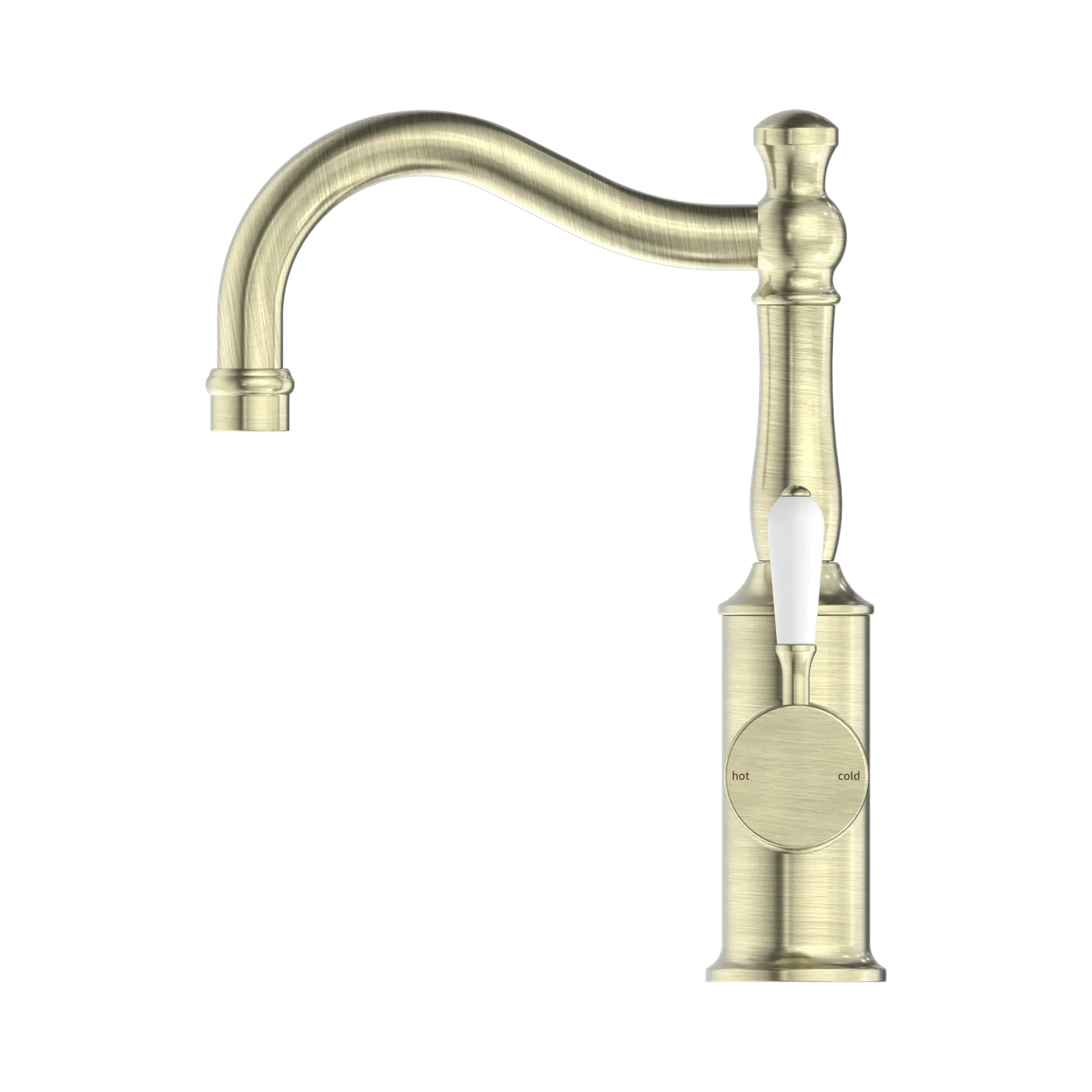 NR69210201 AB York Basin Mixer Hook Spout With White Porcelain Lever Aged Brass image 1