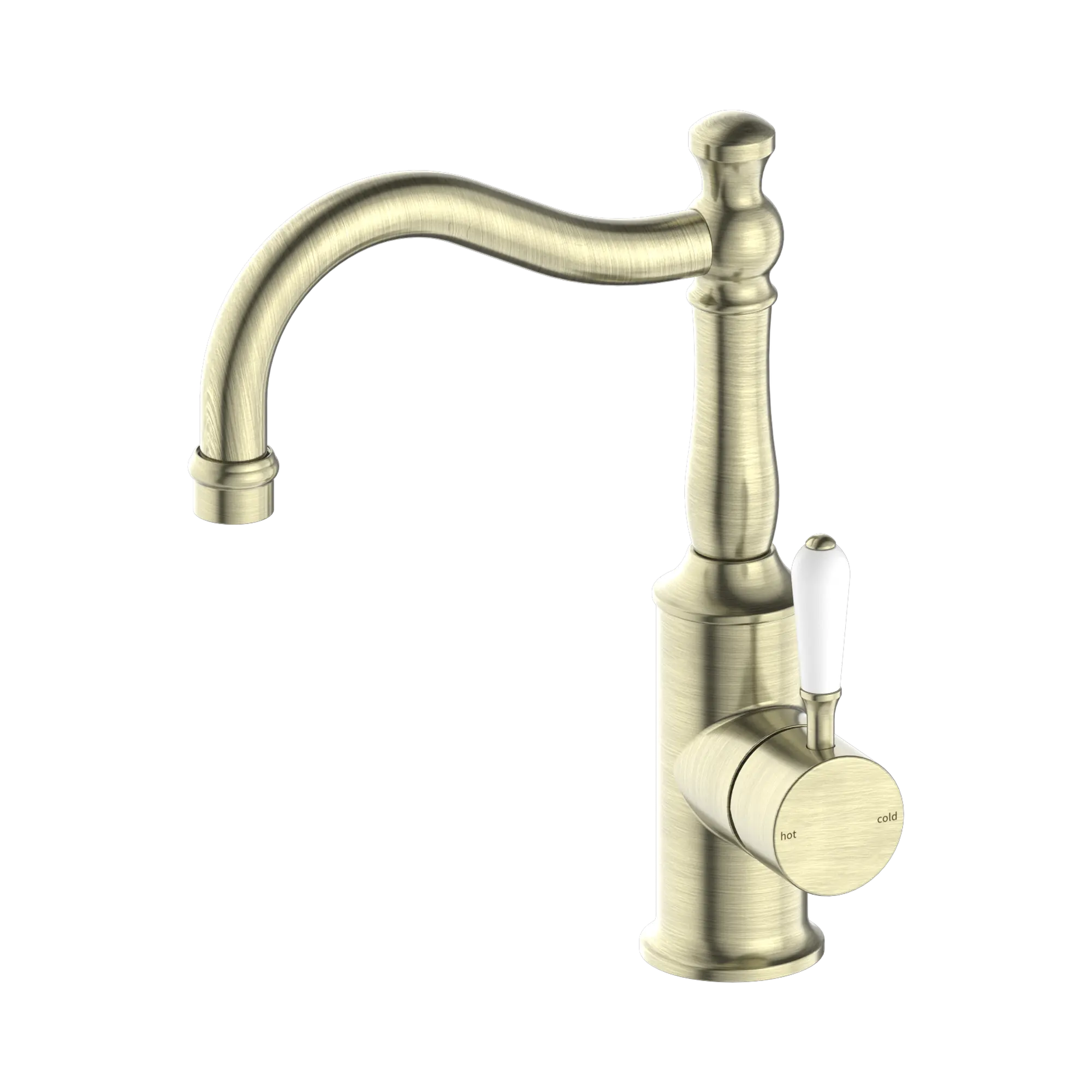 NR69210201 AB York Basin Mixer Hook Spout With White Porcelain Lever Aged Brass image 3