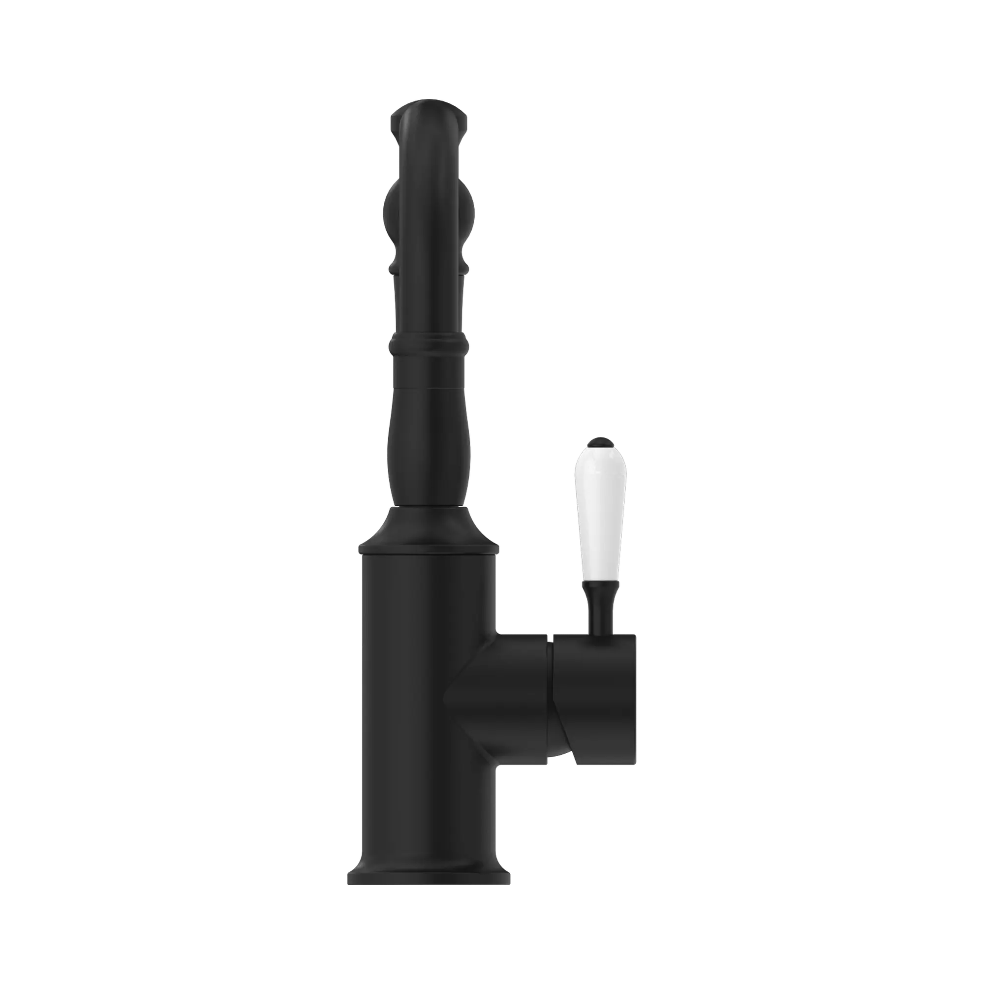 NR69210201 MB York Basin Mixer Hook Spout With White Porcelain Lever Matte Black image 2