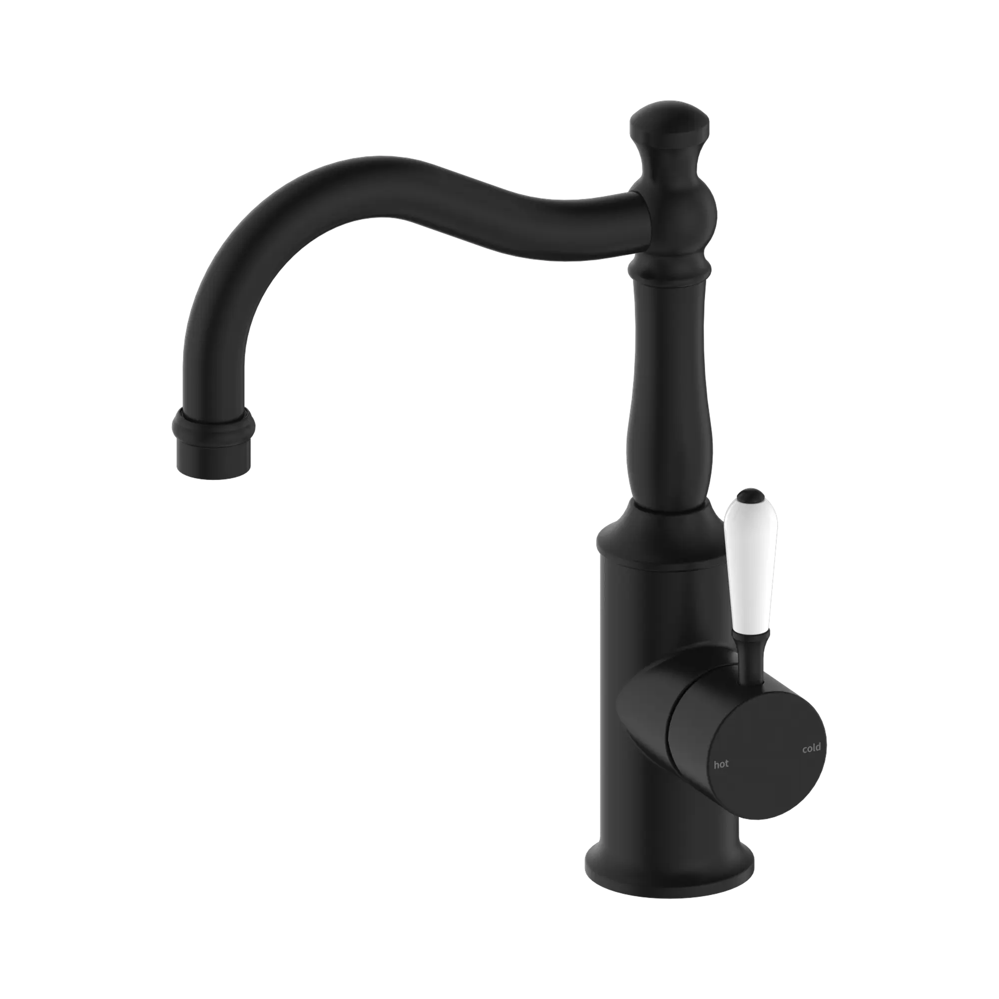 NR69210201 MB York Basin Mixer Hook Spout With White Porcelain Lever Matte Black image 3