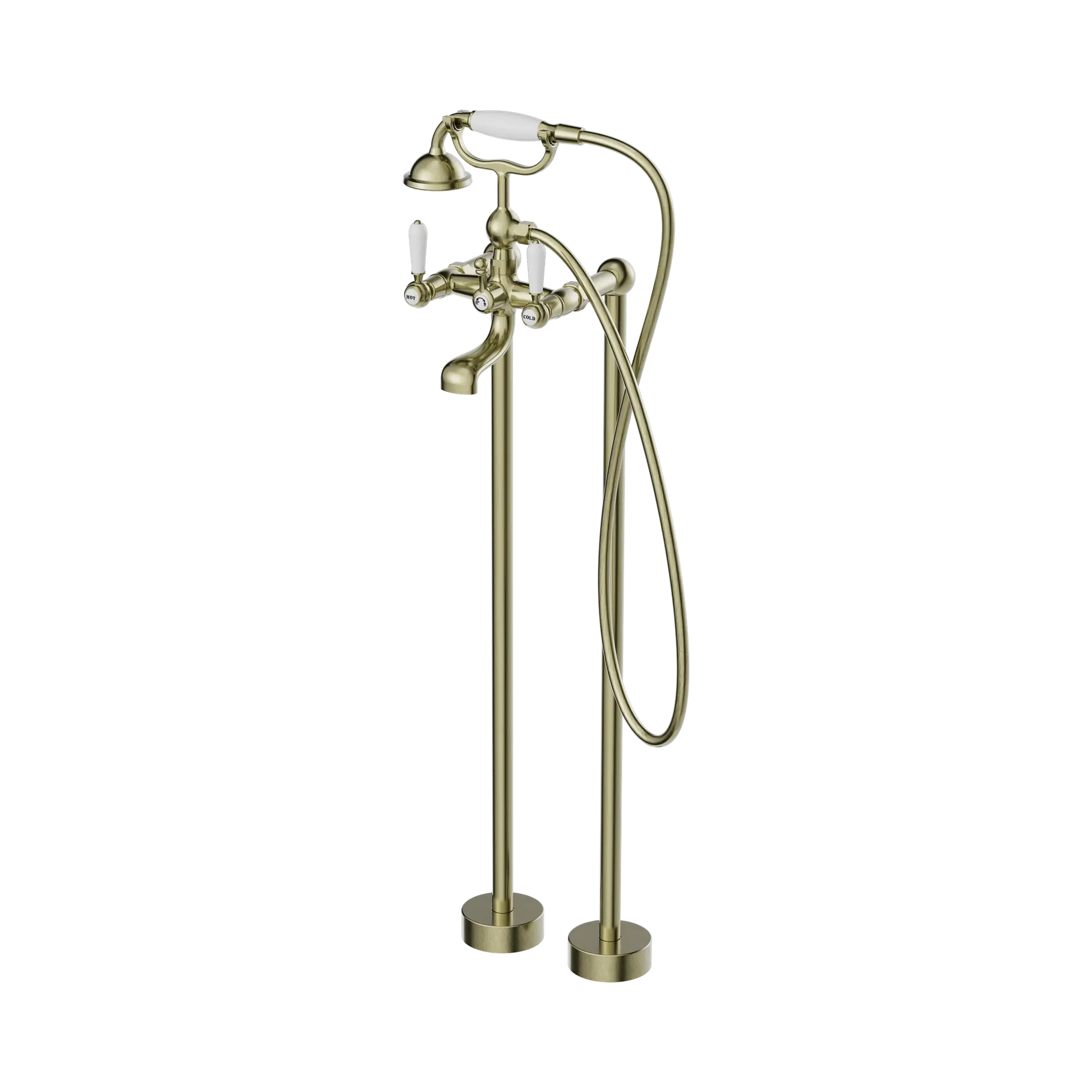 NR692103a01 AB York Freestanding Bath Set With White Porcelain Hand Shower Aged Brass image 1