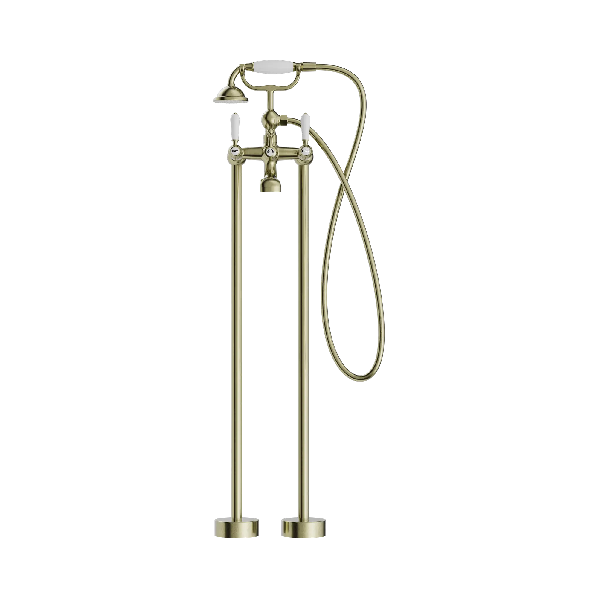 NR692103a01 AB York Freestanding Bath Set With White Porcelain Hand Shower Aged Brass image 2