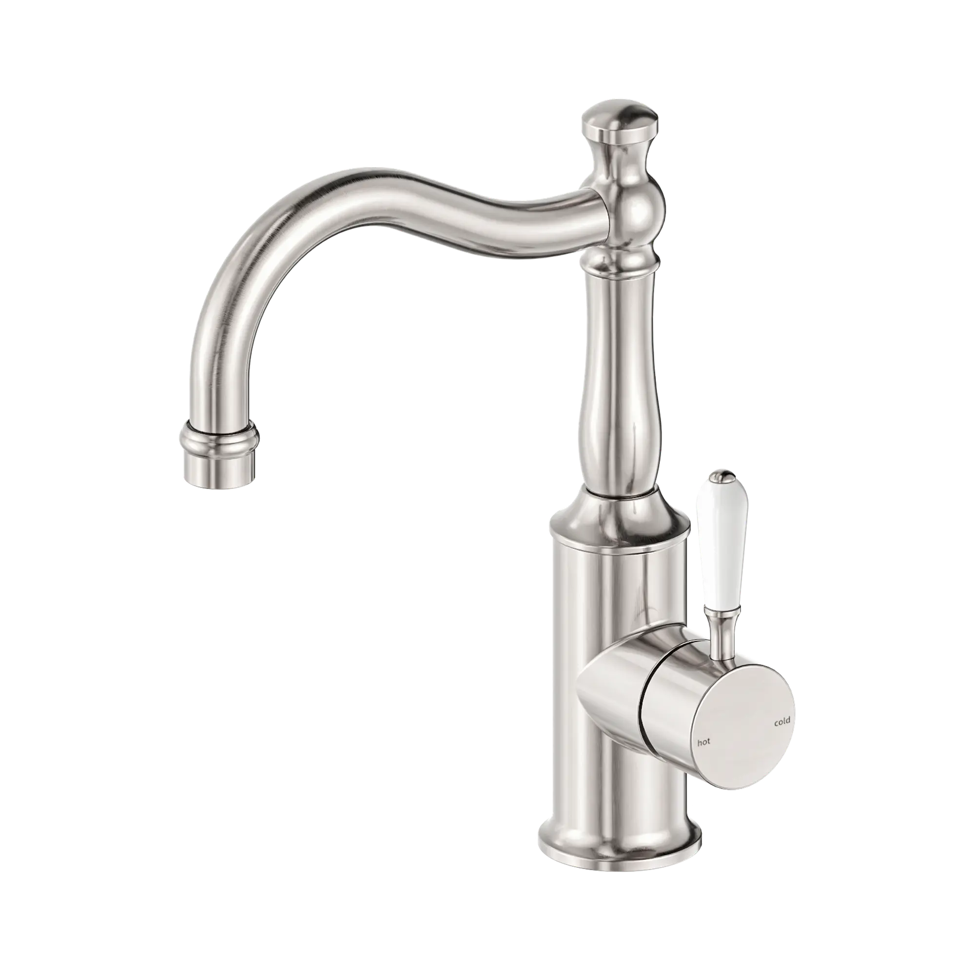 NR69210201 BN York Basin Mixer Hook Spout With White Porcelain Lever Brushed Nickel image 1