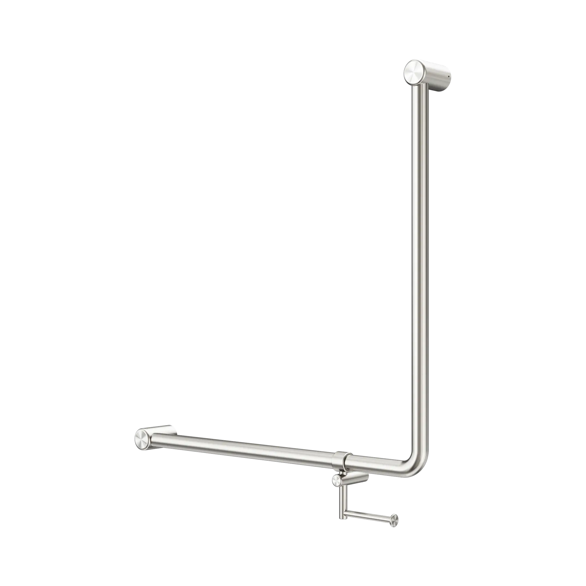 NRCR3290bh BN Mecca Care 32mm 90 Degree Bent Tube Grab Rail 750 X750mm With Toilet Roll Holder Brushed Nickel image 1
