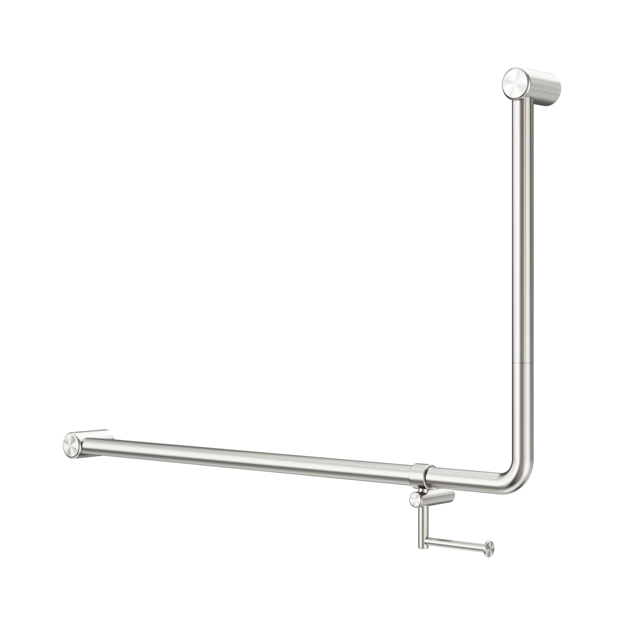 NRCR3290eh BN Mecca Care 32mm DDA 90 Degree Bent Tube Grab Rail 600 X1000mm With Toilet Roll Holder Brushed Nickel image 1