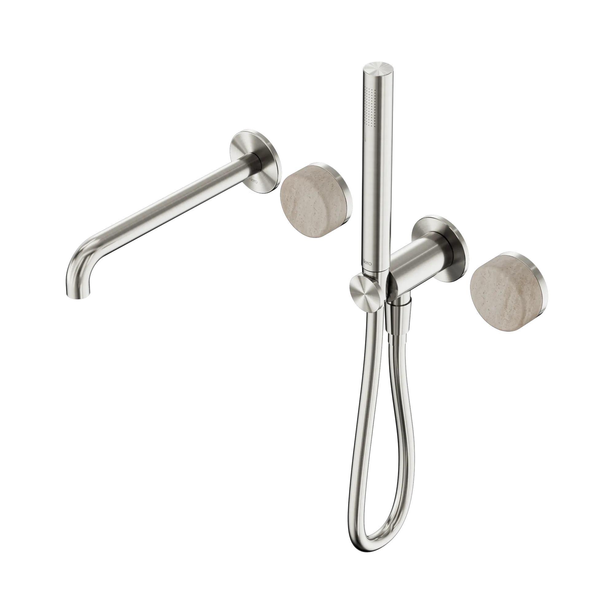 24 E009 BN Serenity Progressive Shower System With Spout With Rome Travertine Handle And Slim Shower Brushed Nickel image 1