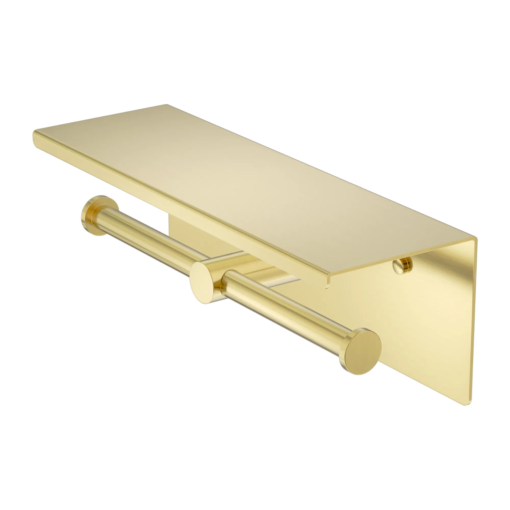 NR1986e BG Mecca Double Toilet Roll Holder With Shelf Brushed Gold image 1