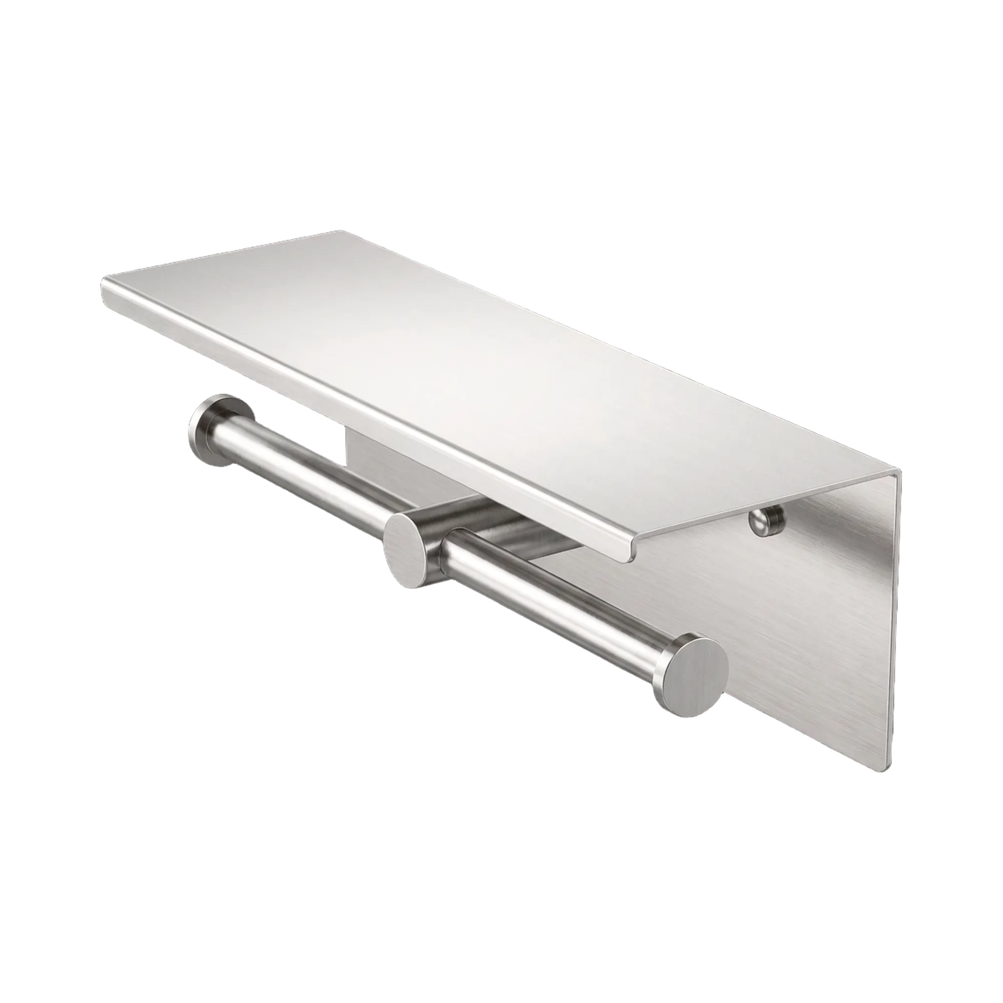 NR1986e BN Mecca Double Toilet Roll Holder With Shelf Brushed Nickel image 1