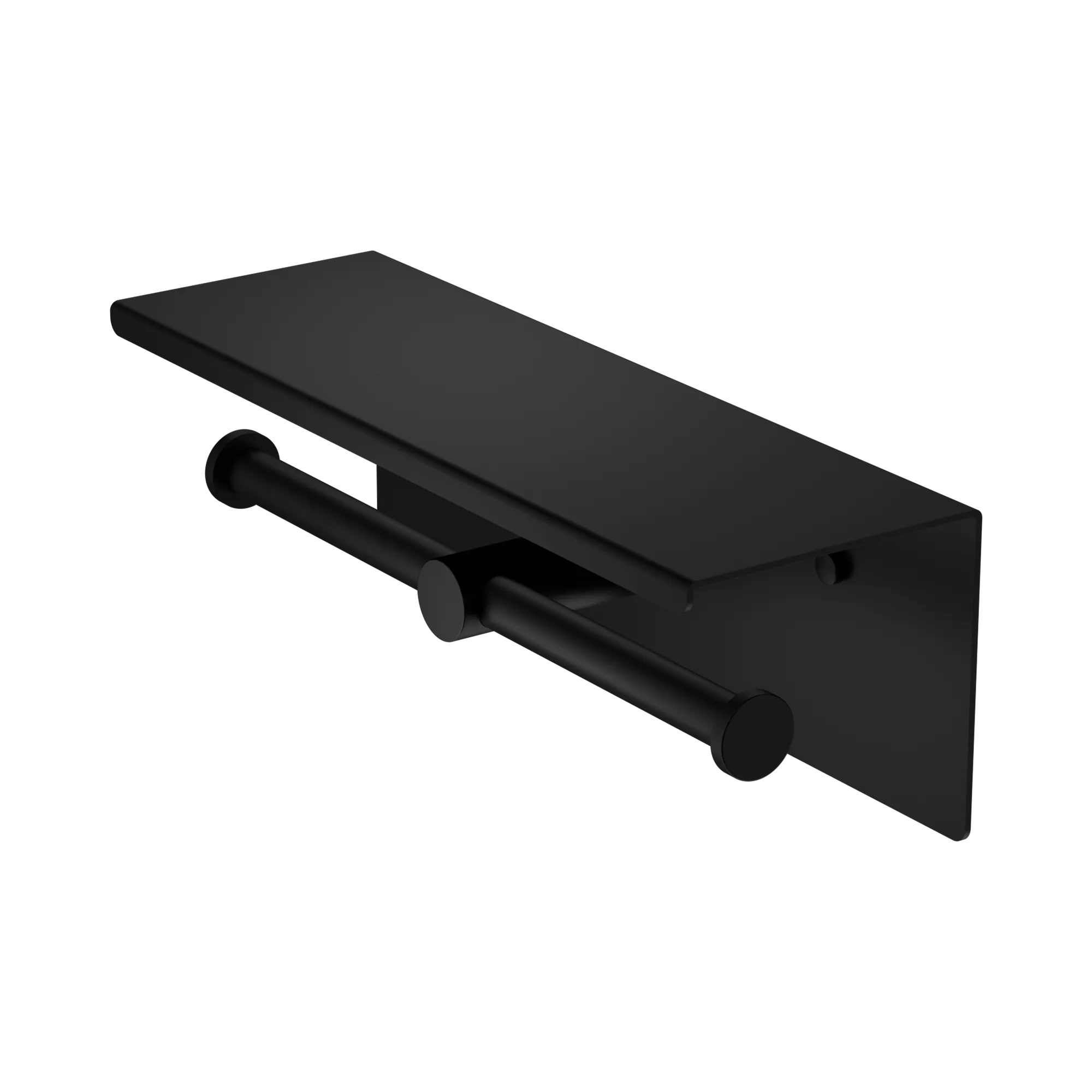 NR1986e MB Mecca Double Toilet Roll Holder With Shelf Matte Black image 1